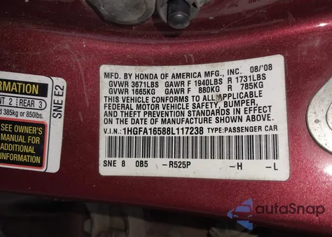 2008 Honda Civic Lx из США, поврежденный, VIN 1HGFA16588L117238